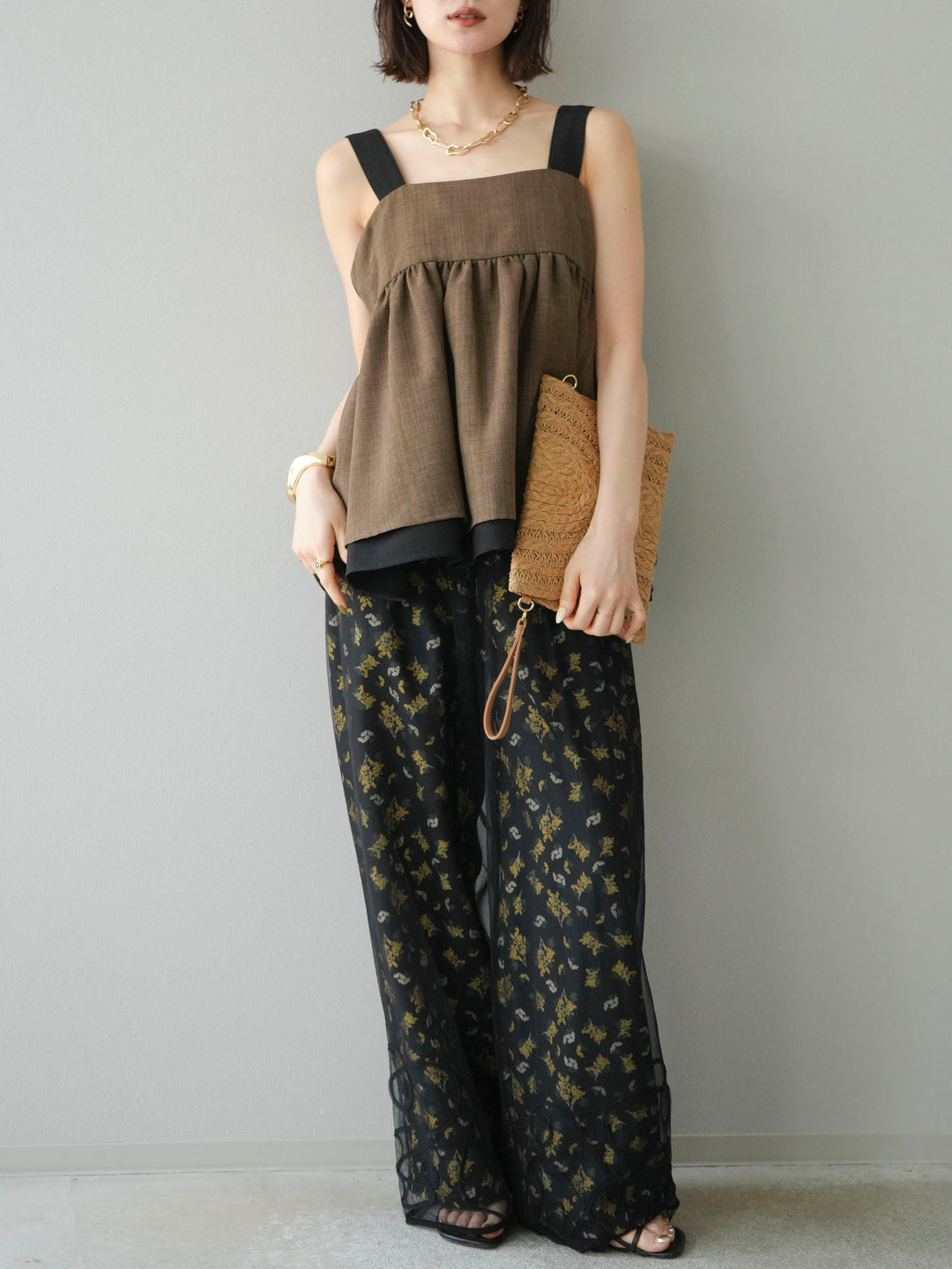 [SET]リネンライク配色フレアタンクトップ+ブーケプリントタックパンツ(2set)