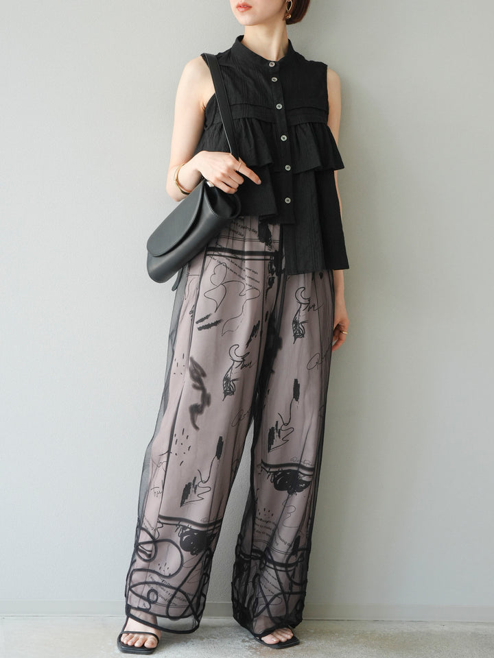 [SET]コード刺繍チュールレイヤードパンツ+ペイント柄タックパンツ(2set)