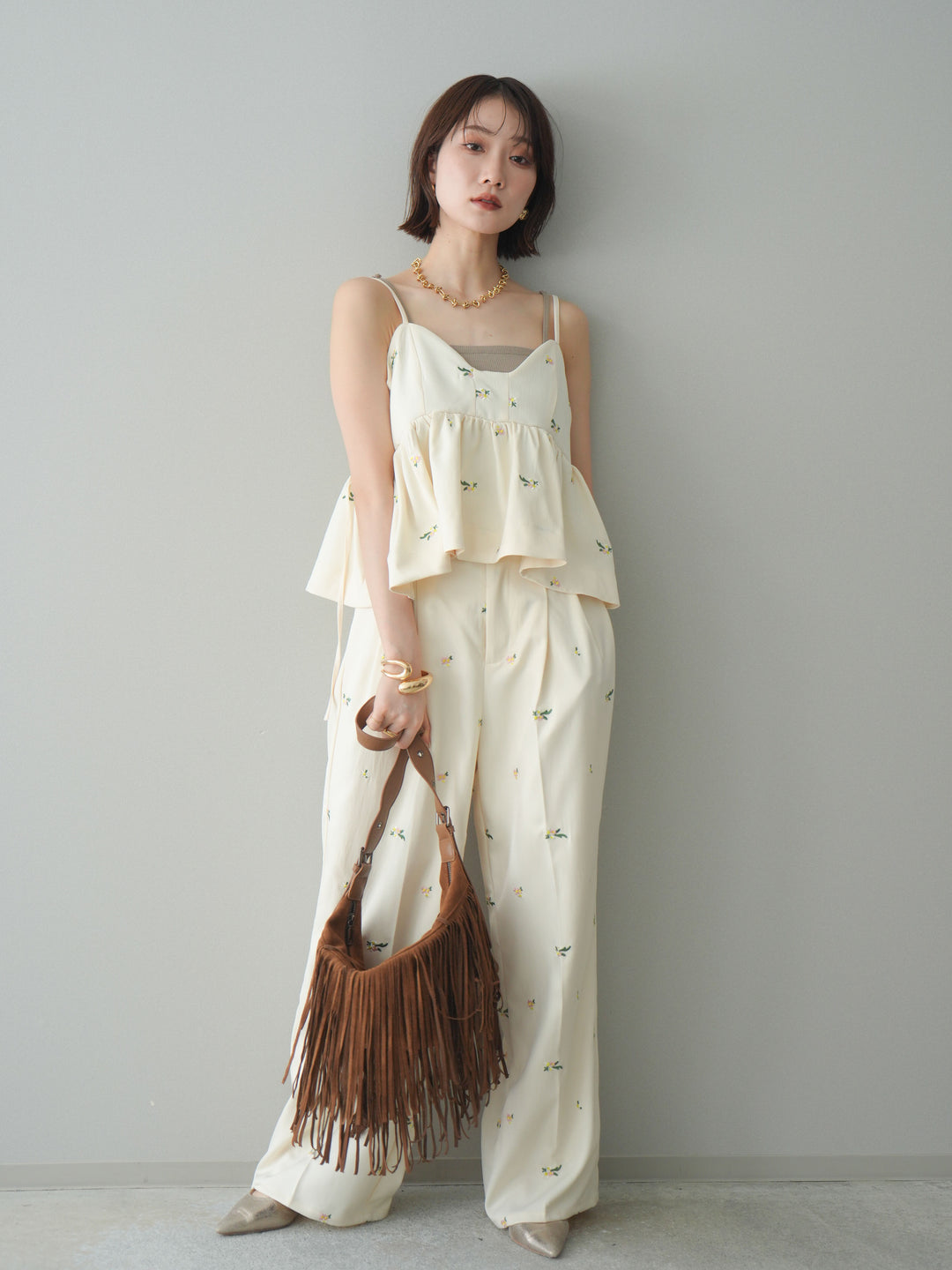 [SET]フラワー刺繍ビスチェ+フラワー刺繍タックパンツ(2set)