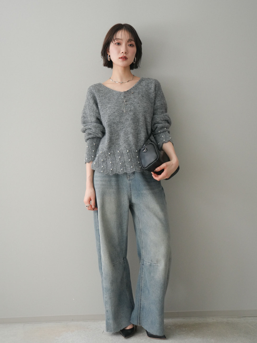 [SET]パールフリルリブヘムニットプルオーバー+選べるアクセセット(2set)