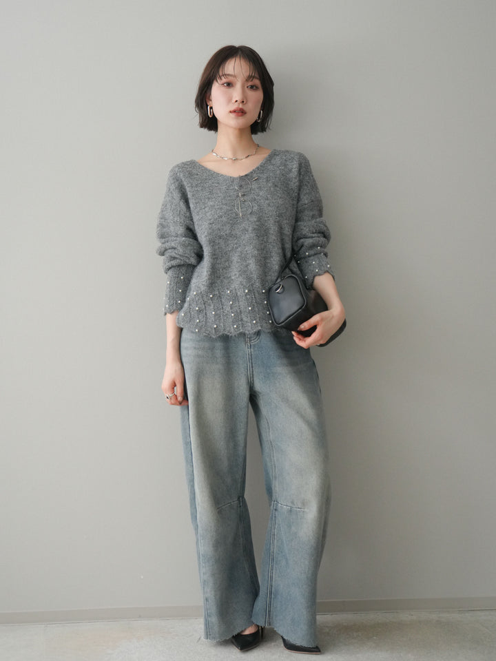 [SET]パールフリルリブヘムニットプルオーバー+選べるアクセセット(2set)