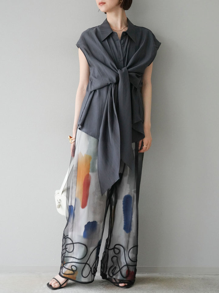 [SET] 前繫帶透視上衣 + 水彩藝術休閒褲 (2 件組)