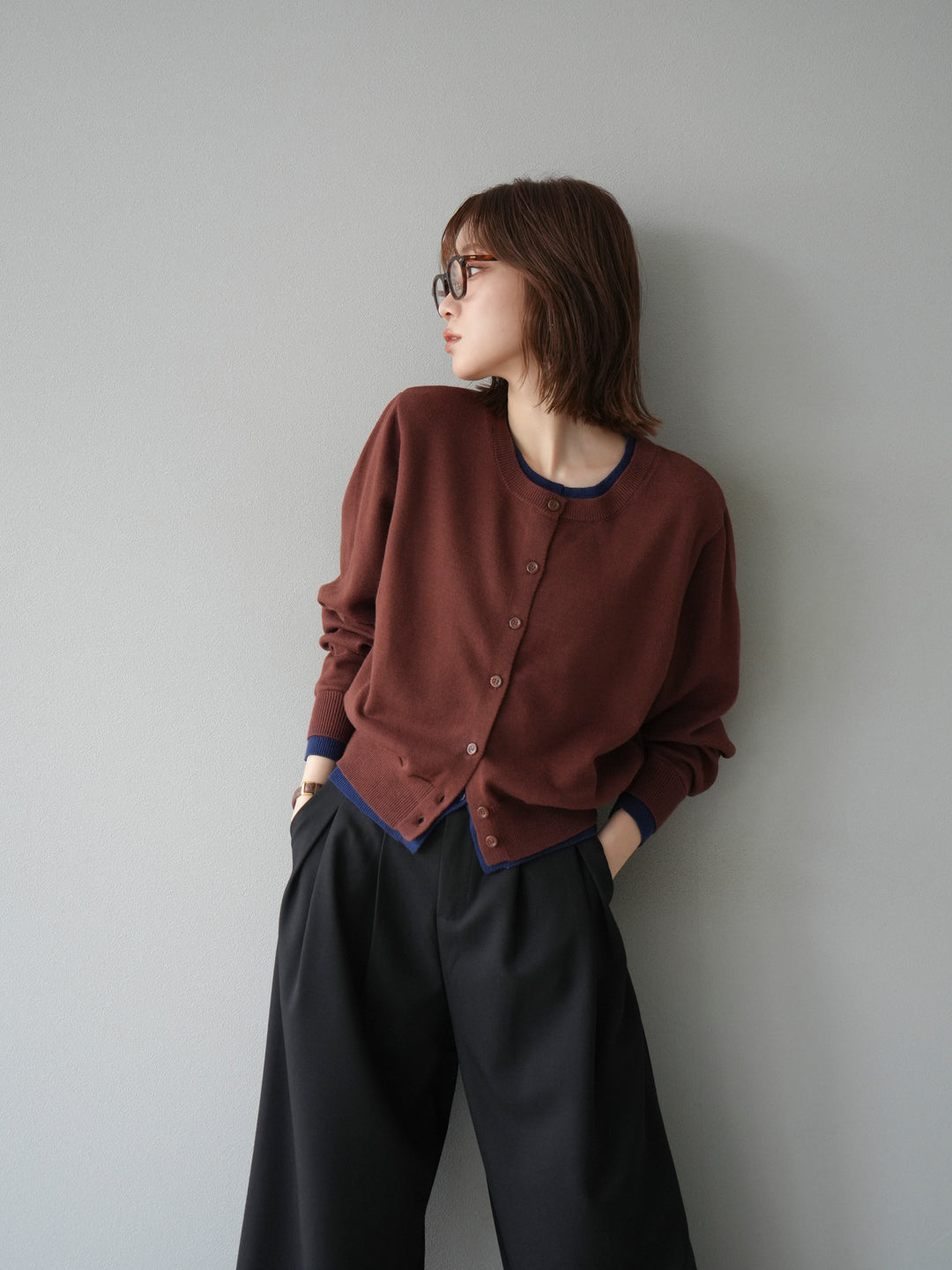 【預購】顏色協調的多層開襟衫/棕色