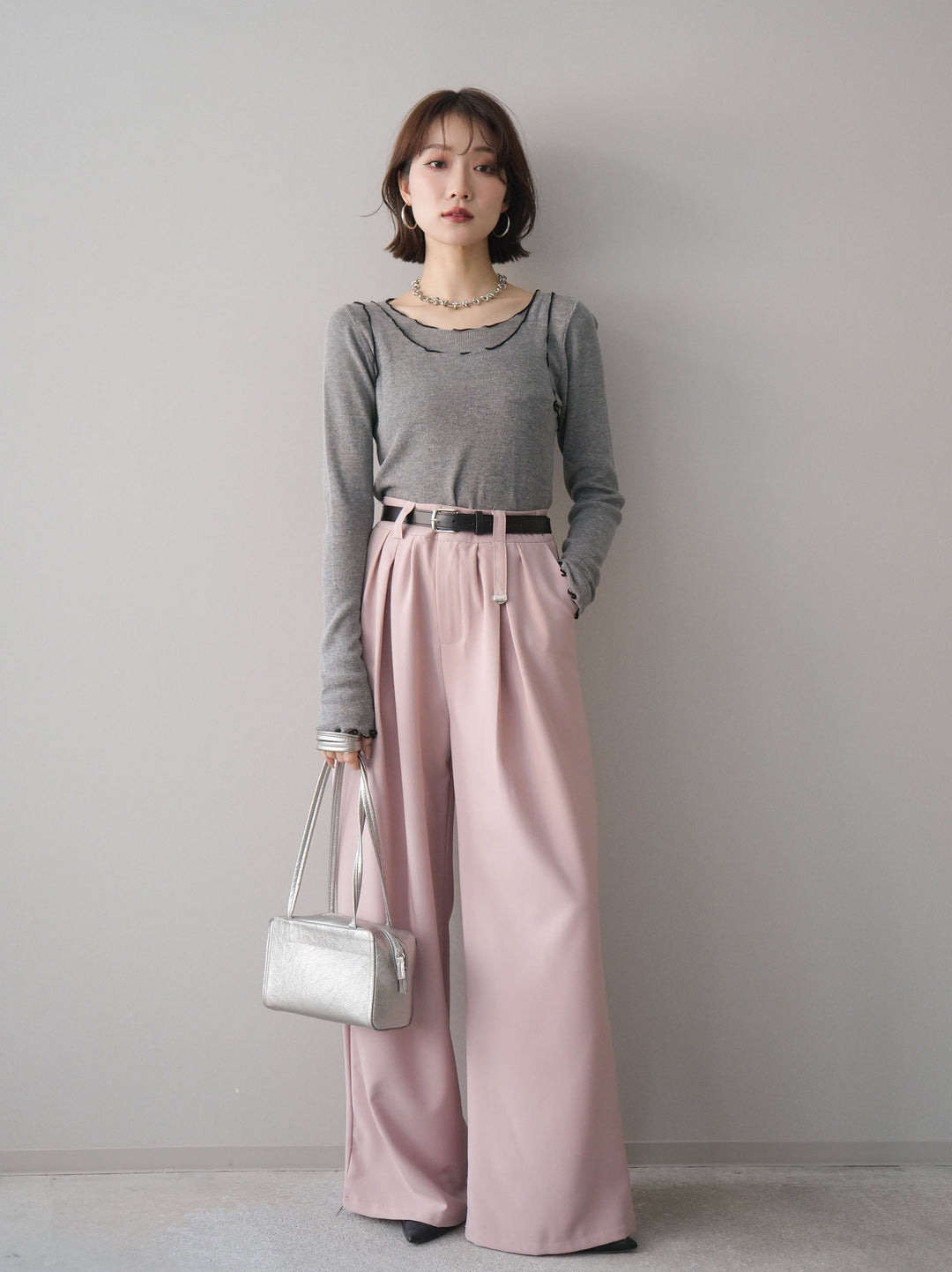 [SET]バイカラーメローアンサンブルシアーニットトップス+選べるアクセセット(2set)