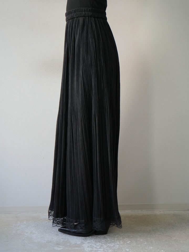 [予約]裾レーススウェードプリーツマキシスカート/ブラック