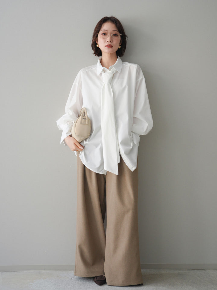 [予約]サテンベルトタックワイドパンツ/beige