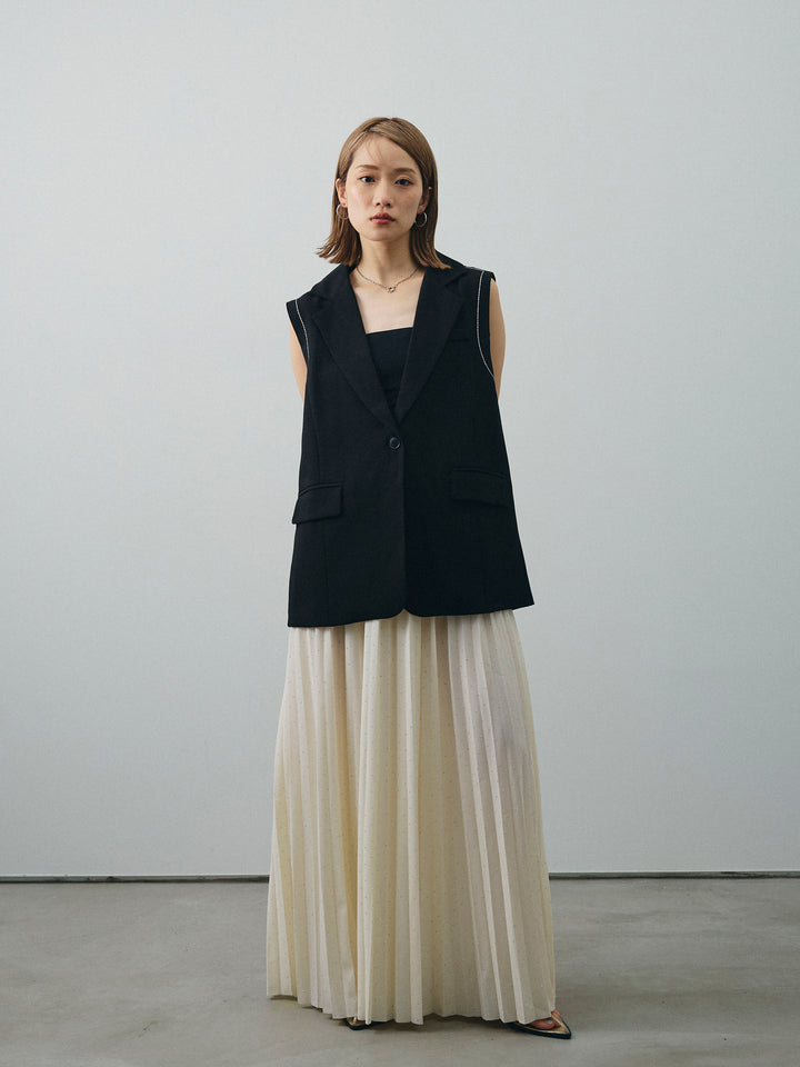 [套裝] 縫線設計背心 + 水鑽百褶裙 (2套)