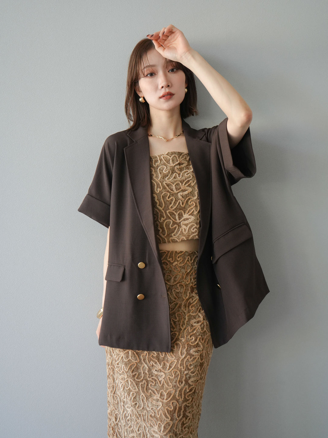 [予約]ゴールドボタンハーフジャケット/ブラウン