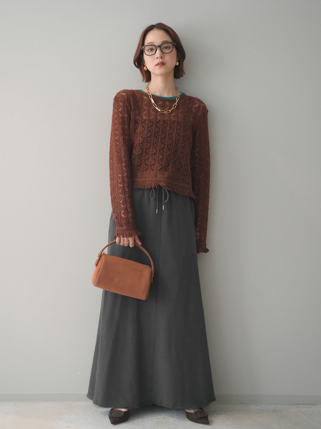 [予約]扇透かし編みクロップドニットプルオーバー/brown