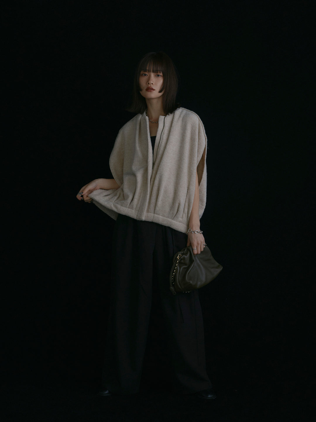 【Allure】[SET]ウール混コクーンブルゾン+ラップデザインタックワイドパンツ(2set)