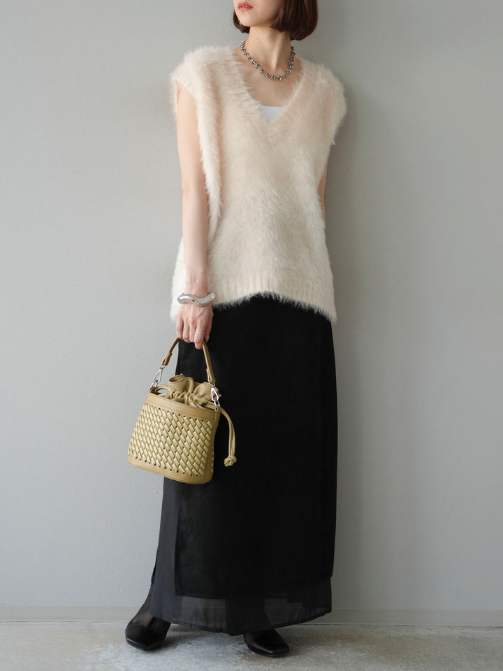 [予約]サイドスリットスウェードドッキングシフォンスカート/ブラック