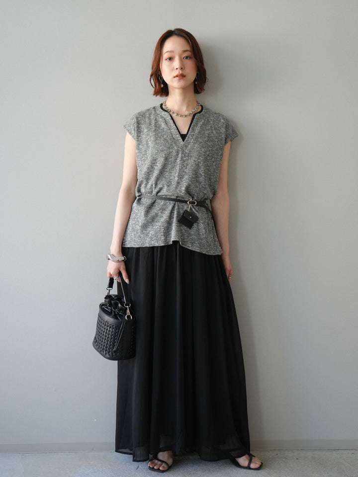 [予約]ベルト付シフォンコンビジャージワンピース/black