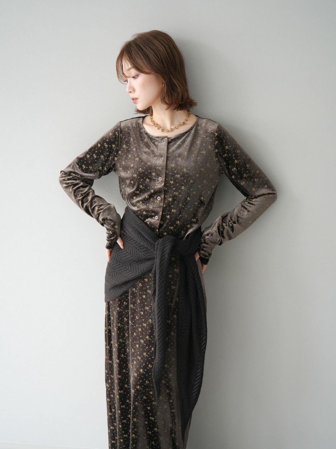 [予約]ベロアフラワープリントカーディガン/ブラウンxイエロー