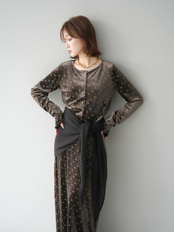 [予約]ベロアフラワープリントカーディガン/ブラウンxイエロー