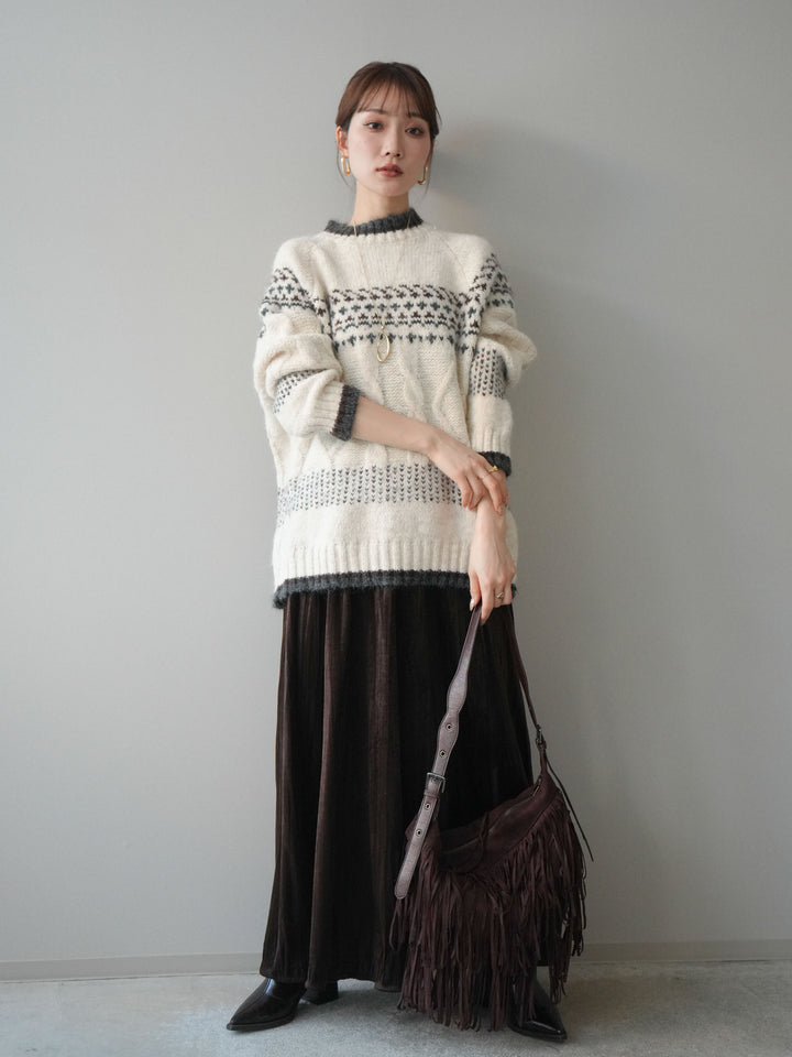 [予約]裾配色ノルディック柄ニットプルオーバー/White