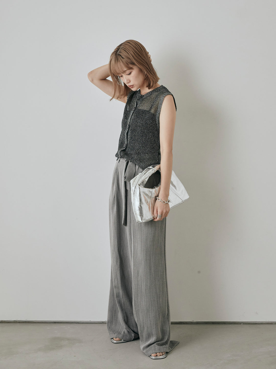 【預購】仿麻腰帶寬褲/灰色