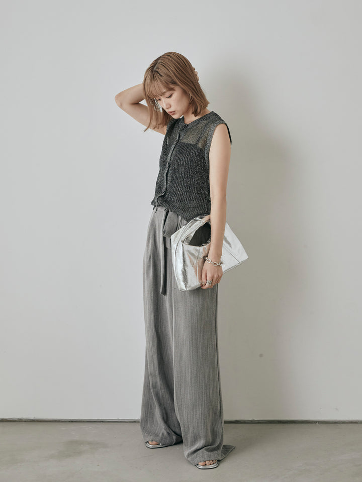 【預購】仿麻腰帶寬褲/灰色
