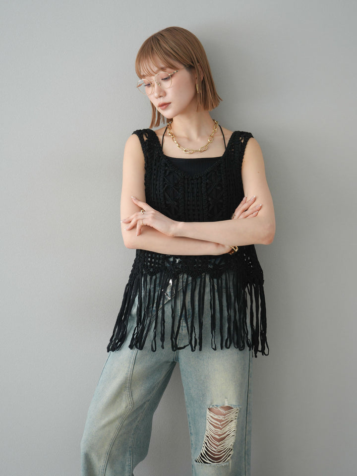[予約]クロシェフリンジノースリーブトップス/ブラック