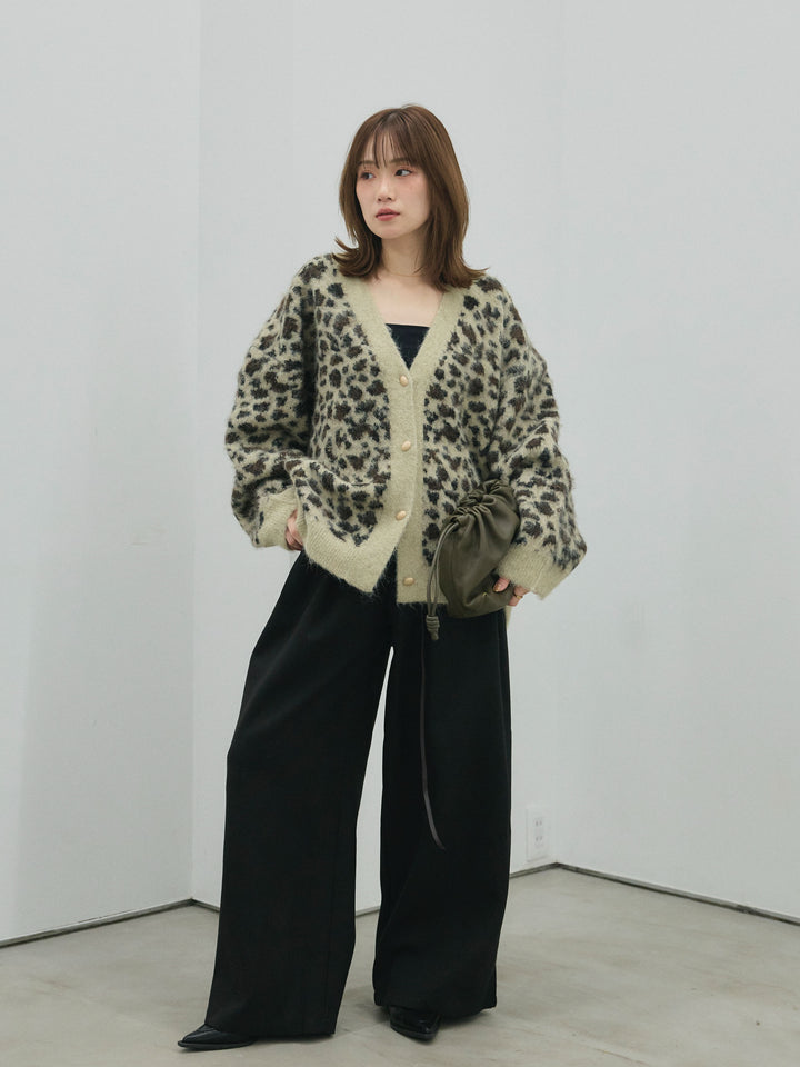 【Allure】[SET]レオパードシャギーニットカーディガン+コーデュロイタックワイドパンツ(2set)