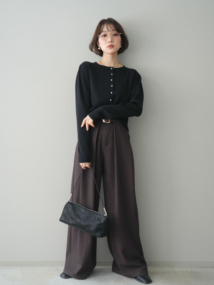 [SET]クリアボタンタックニットカーディガン+ベルトループデザインワイドパンツ(2set)