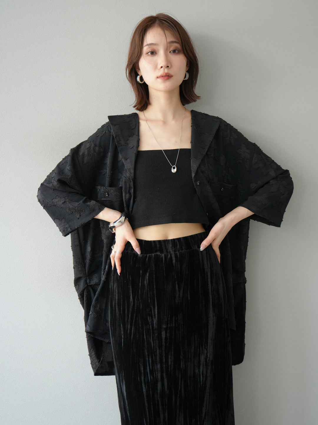 [予約]ジャガードハーフスリーブシャツ/ブラック