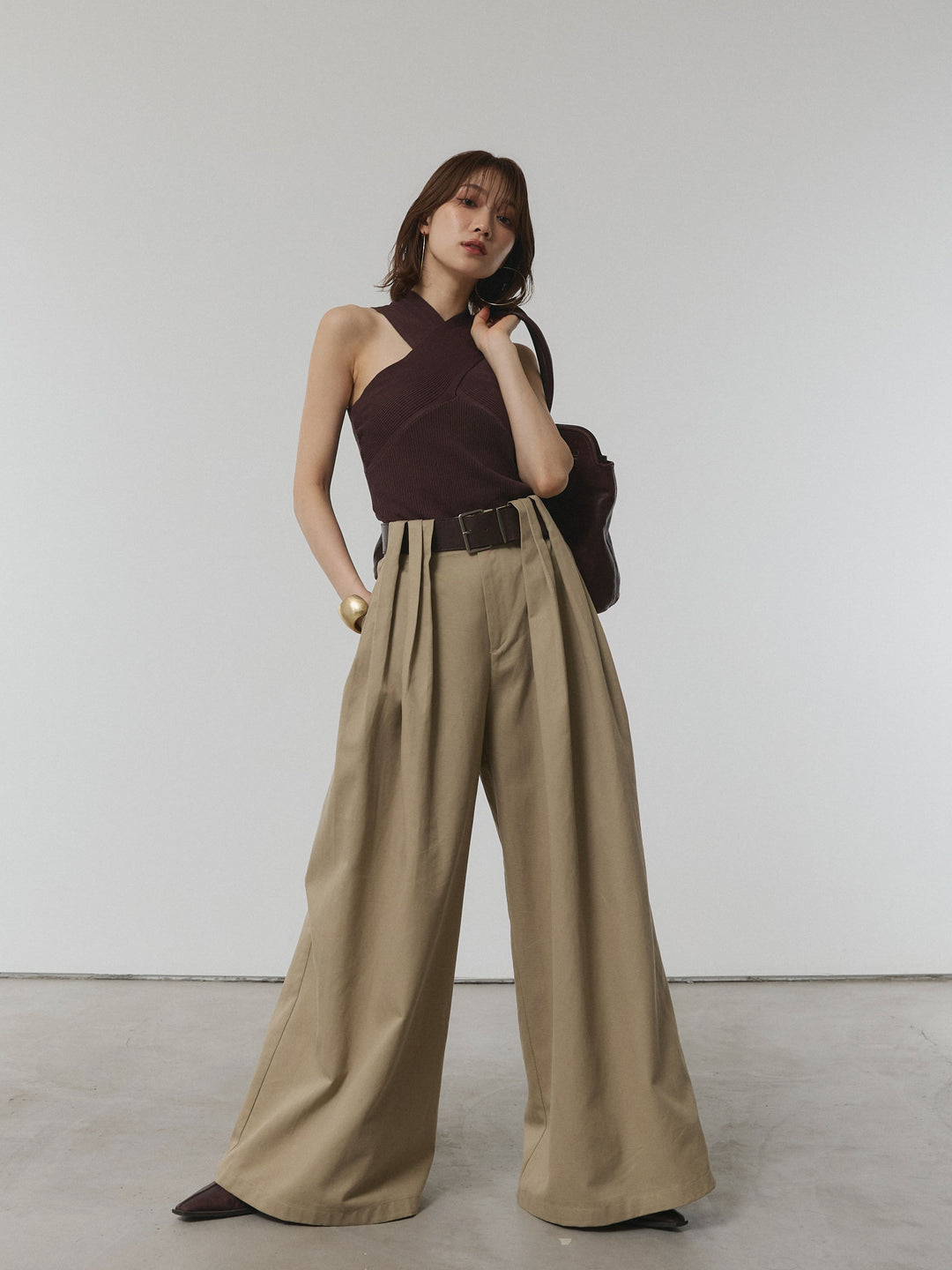 【Allure】[SET]クロスリブニットタンクトップ+ベルト付ダブルループワイドパンツ(2set)