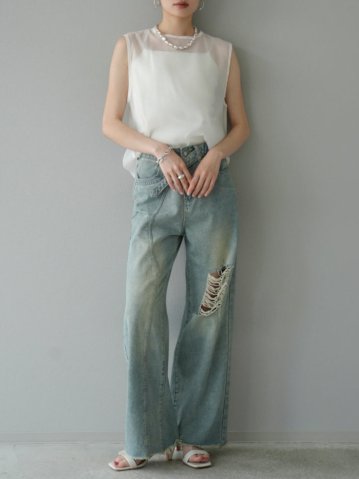 [SET] Organdy sleeveless top + belt asymmetrical damaged denim (2set)