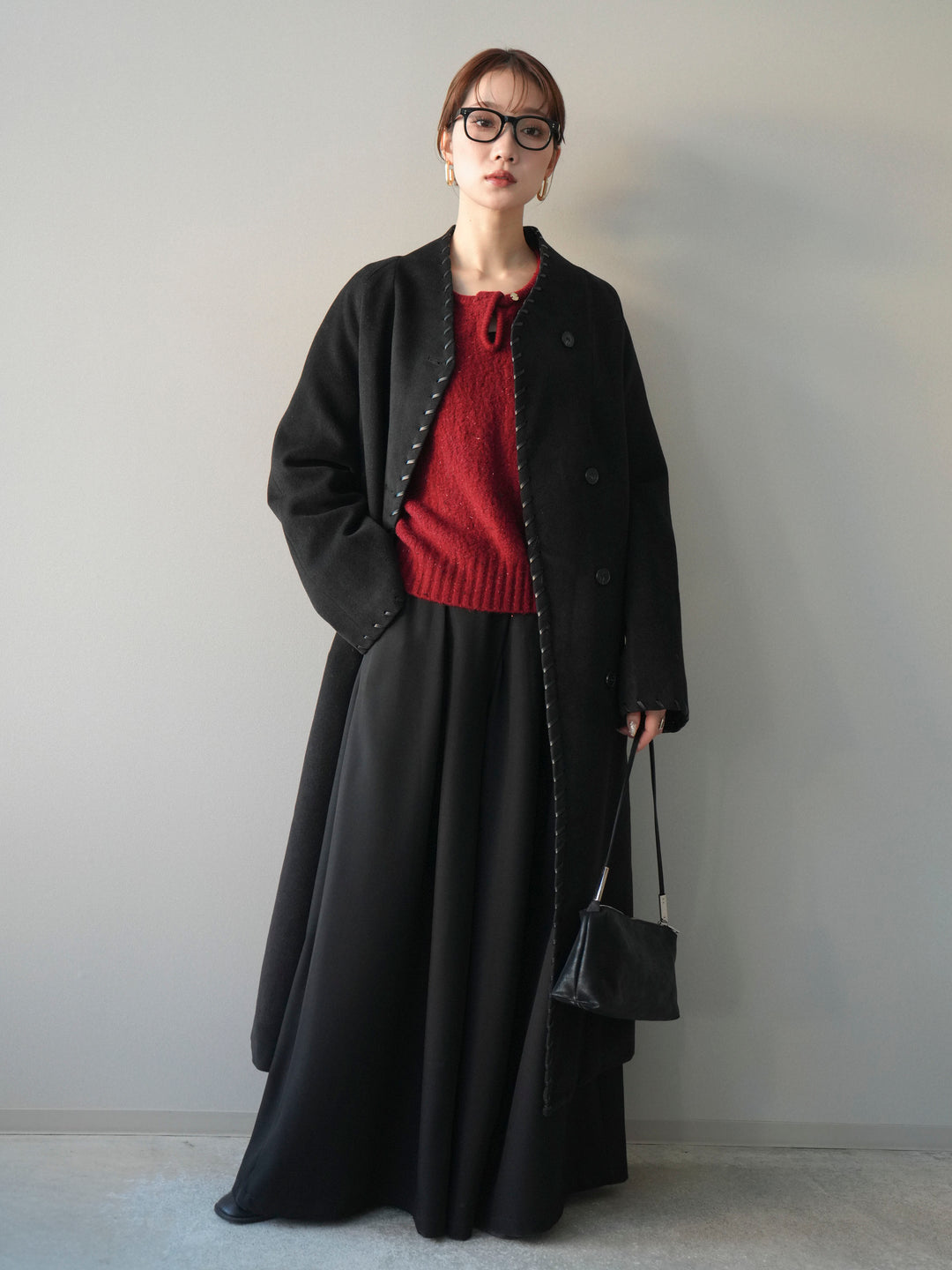 [SET]ハンドステッチ裏中綿ロングコート+テープベルトタックバギーパンツ(2set)