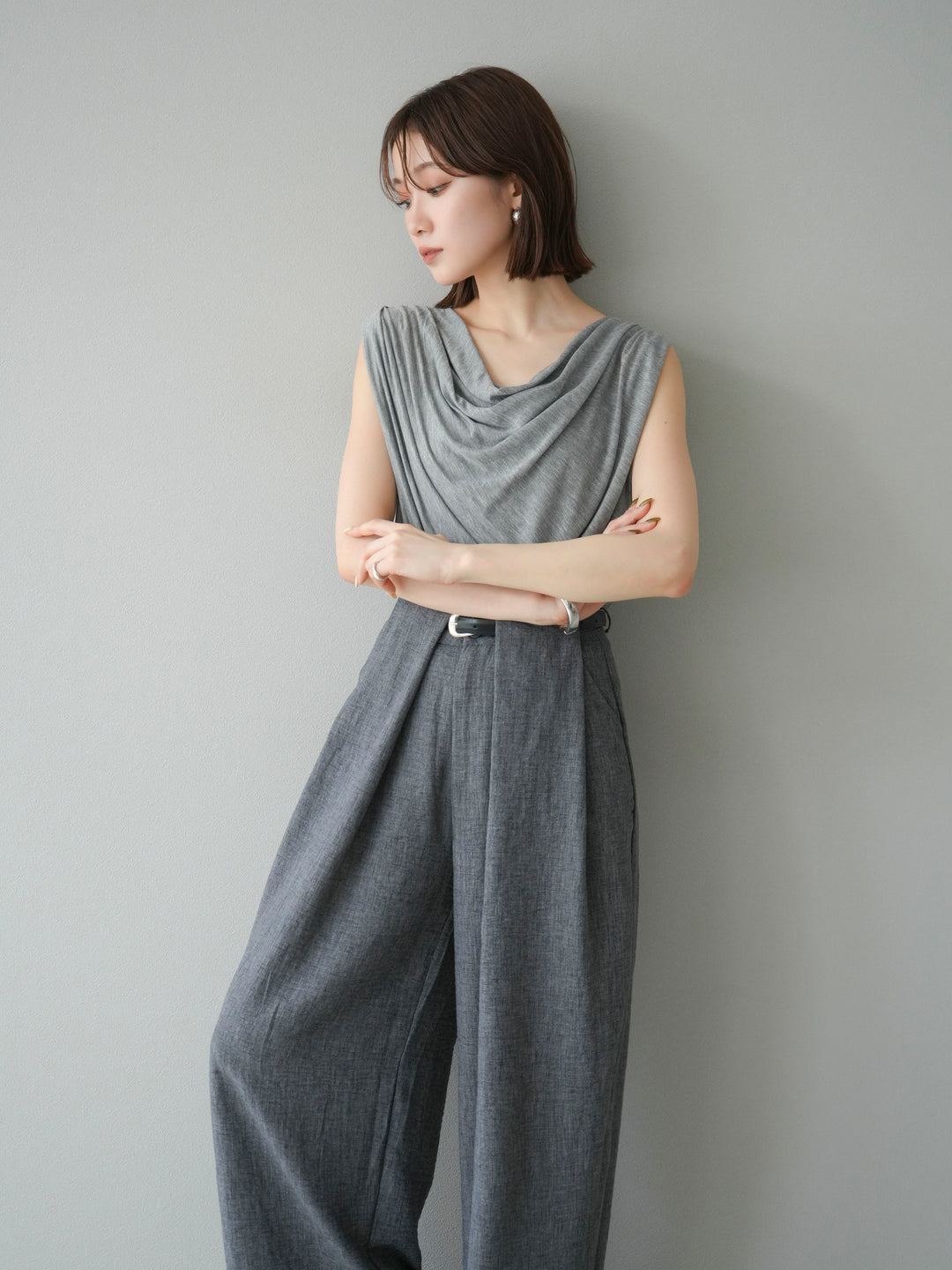 [予約]ビーズチェーン付ドレープトップス/グレー