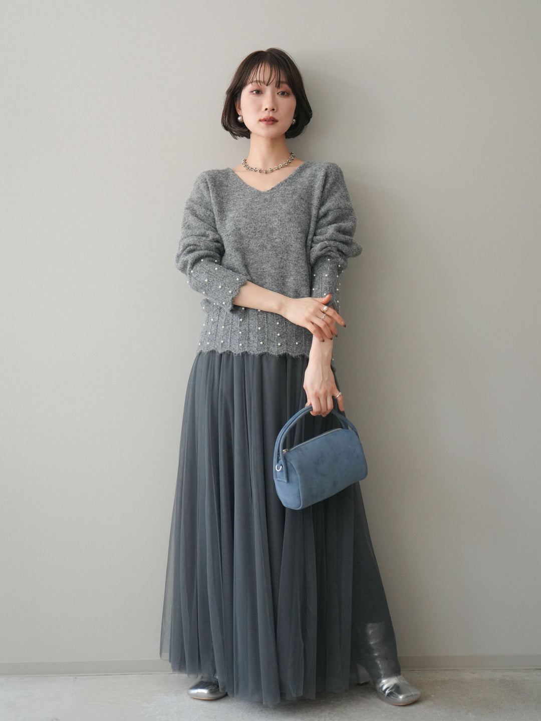 [SET]パールフリルリブヘムニットプルオーバー+選べるアクセセット(2set)