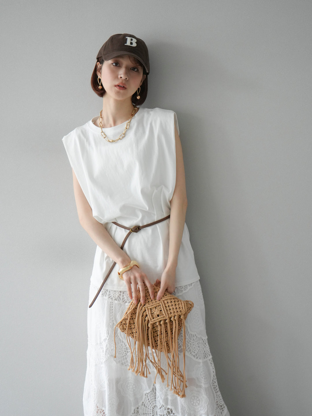 [予約]マクラメフリンジショルダーミニバッグ/ベージュ