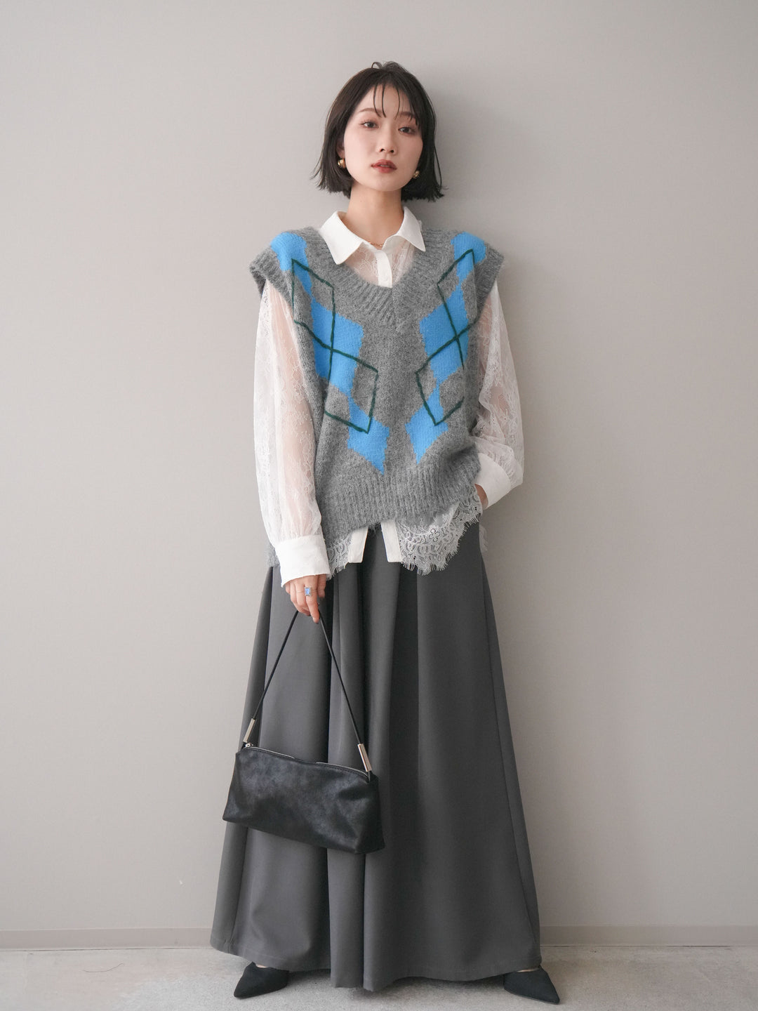 [SET]アーガイルVネックニットベスト+選べるアクセセット(2set)