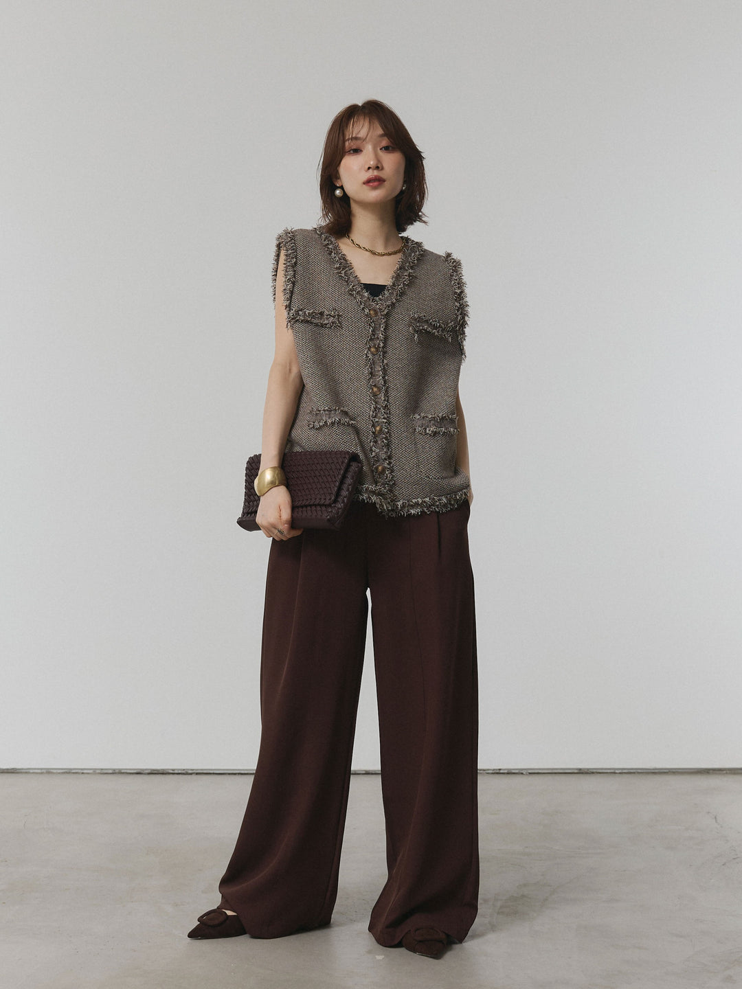 【Allure】[SET]アンティークボタンツイードフリンジニットベスト+アンティークボタンツイードフリンジニットベスト(2set)