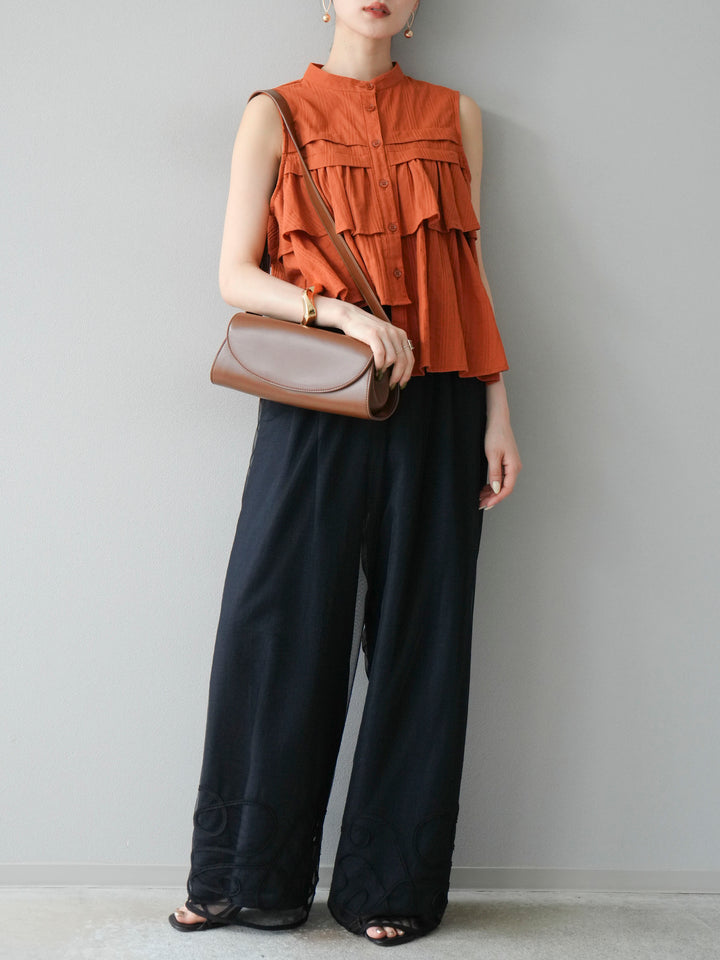 [SET]ドビーストライプアシンメトリーフリルノースリブラウス+リネンライクイージーワイドパンツ(2set)
