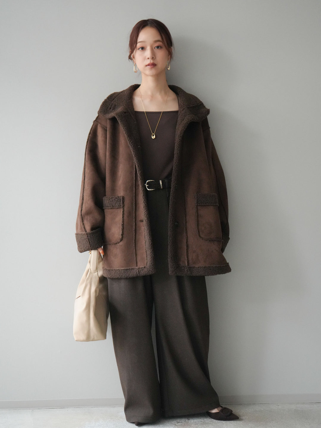 [予約]アニマル柄ベルト付きウールタッチワイドパンツ/brown