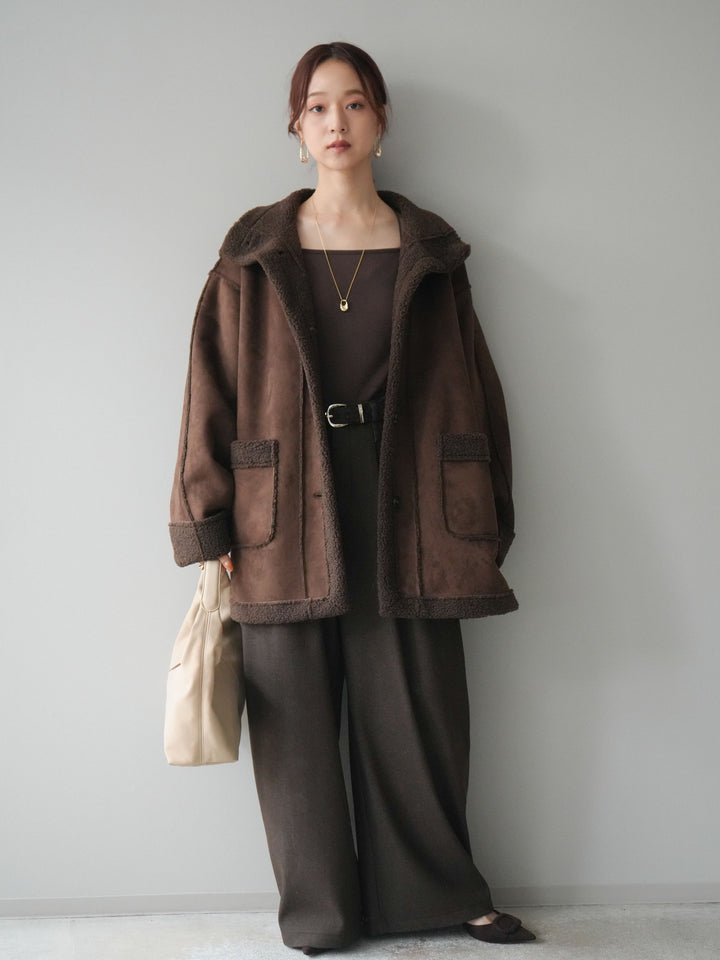 [予約]アニマル柄ベルト付きウールタッチワイドパンツ/brown