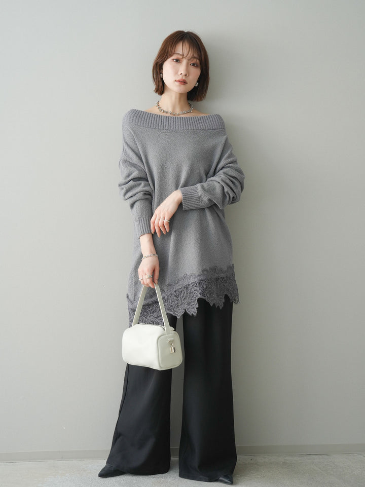 [SET]アシンメトリーレースヘムニットプルオーバー+選べるアクセセット(2set)