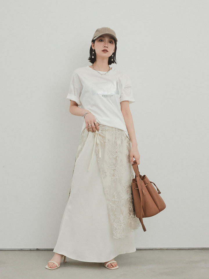 [D] 薄紗提花裹身長裙/米色