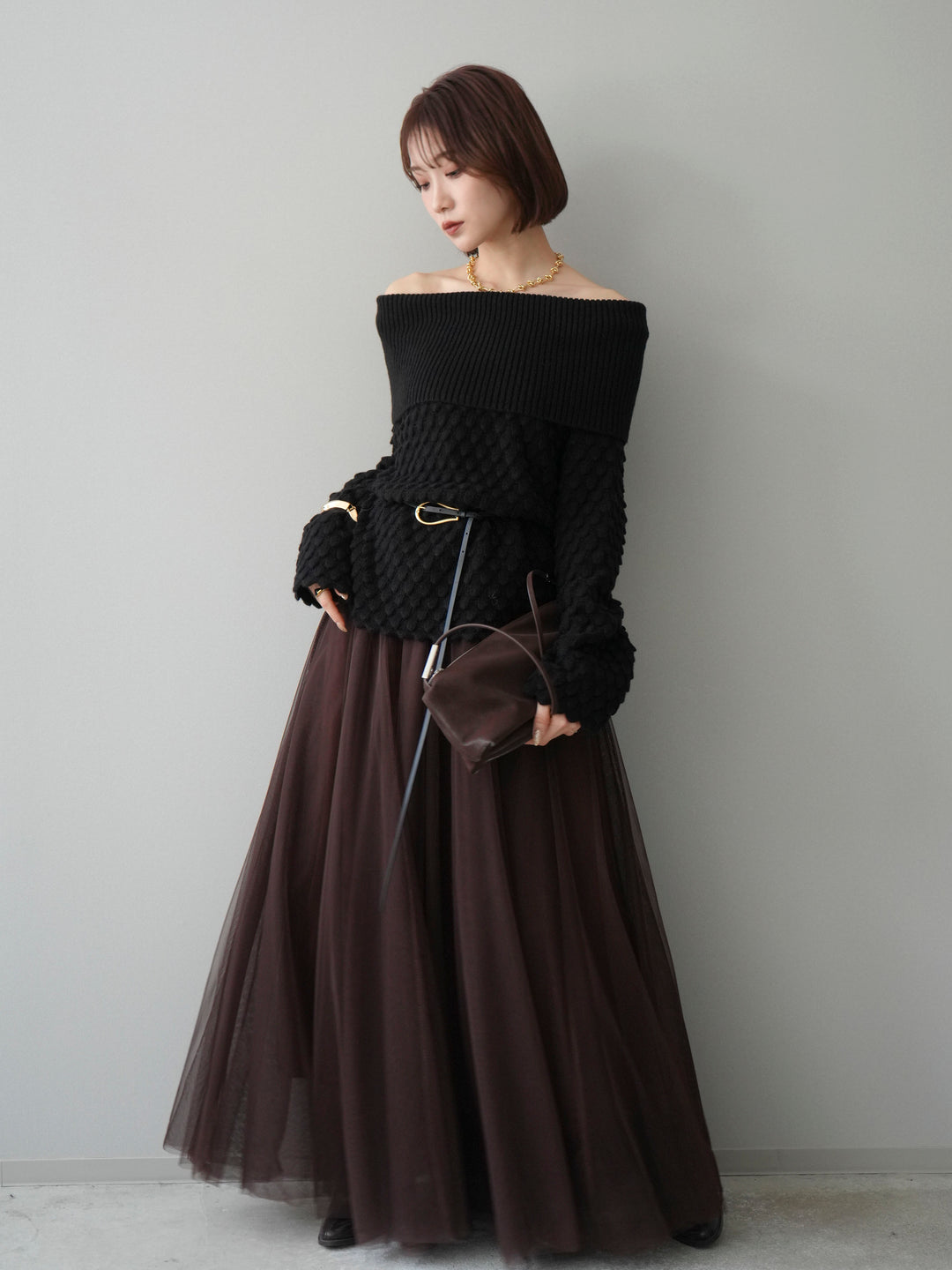 [SET]ポコポコ編みオフショルニットプルオーバー+チュールボリュームスカート(2set)