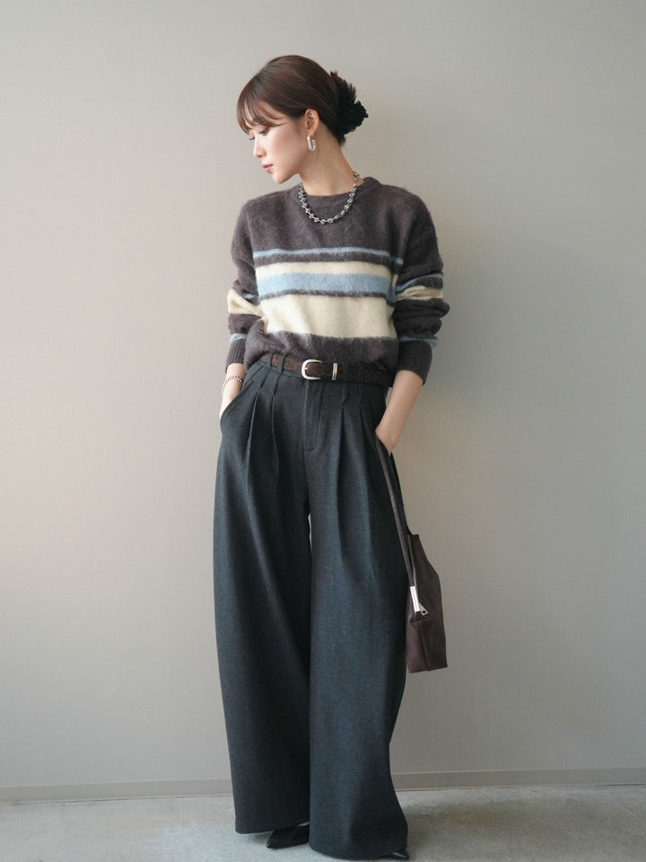 [予約]ソフトタッチボーダークロップドニットプルオーバー/brown