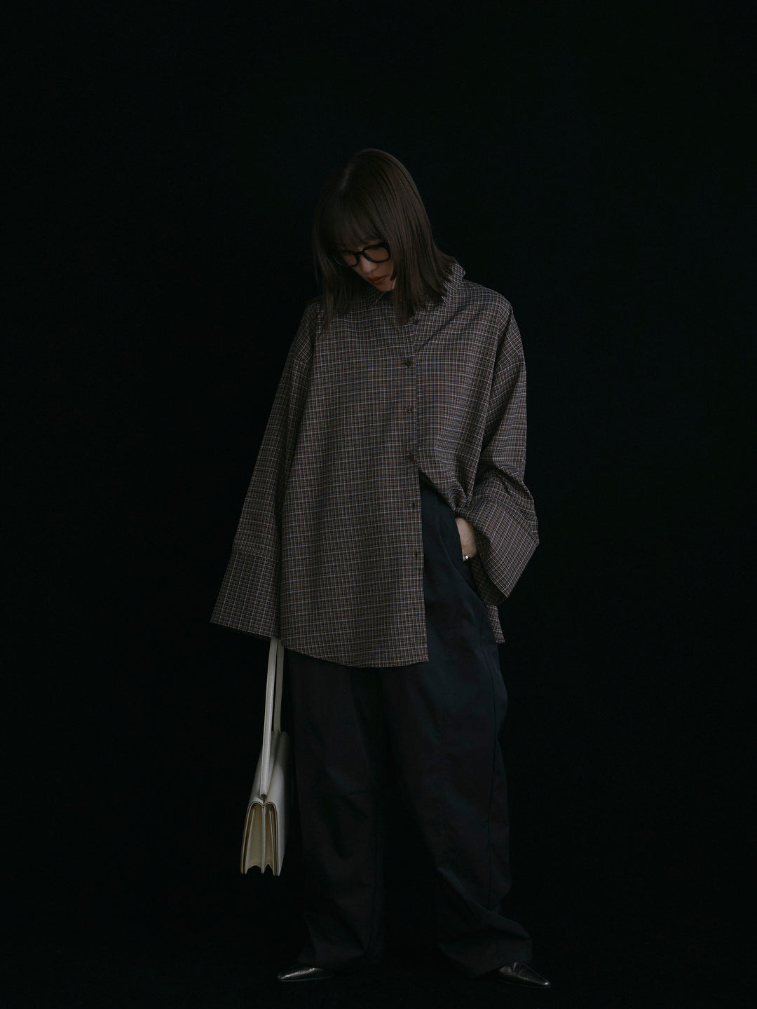 【Allure】[SET]チェックBIGカフスオーバーシャツ+タフタワイドカーブパンツ(2set)
