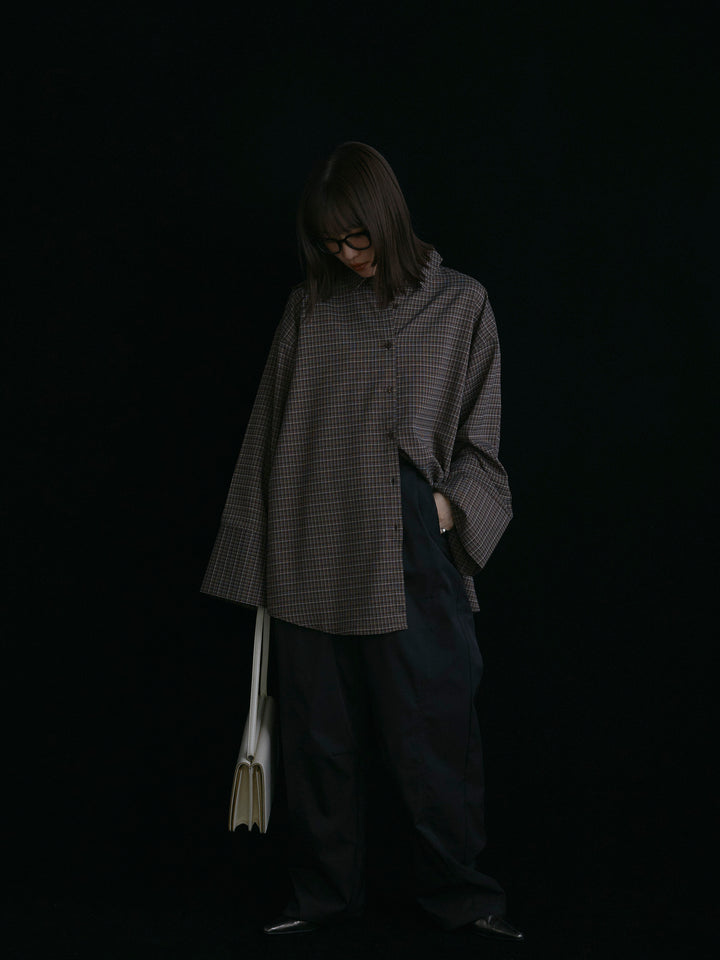 【Allure】[SET]チェックBIGカフスオーバーシャツ+タフタワイドカーブパンツ(2set)
