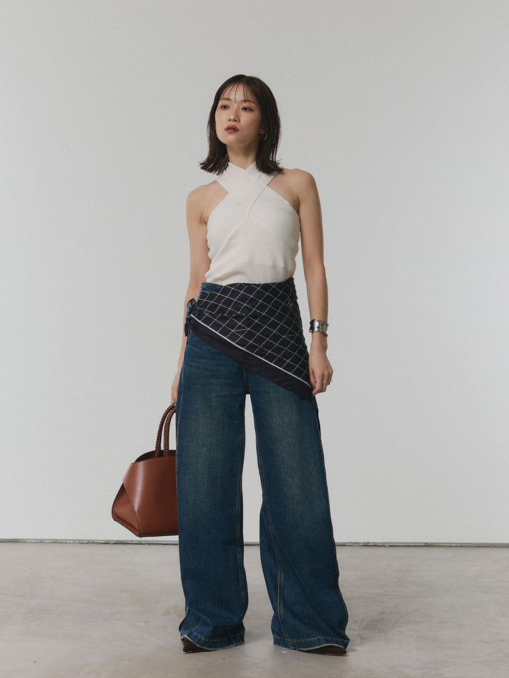 【Allure】[SET]クロスリブニットタンクトップ+サイドタックヴィンテージワイドデニム(2set)