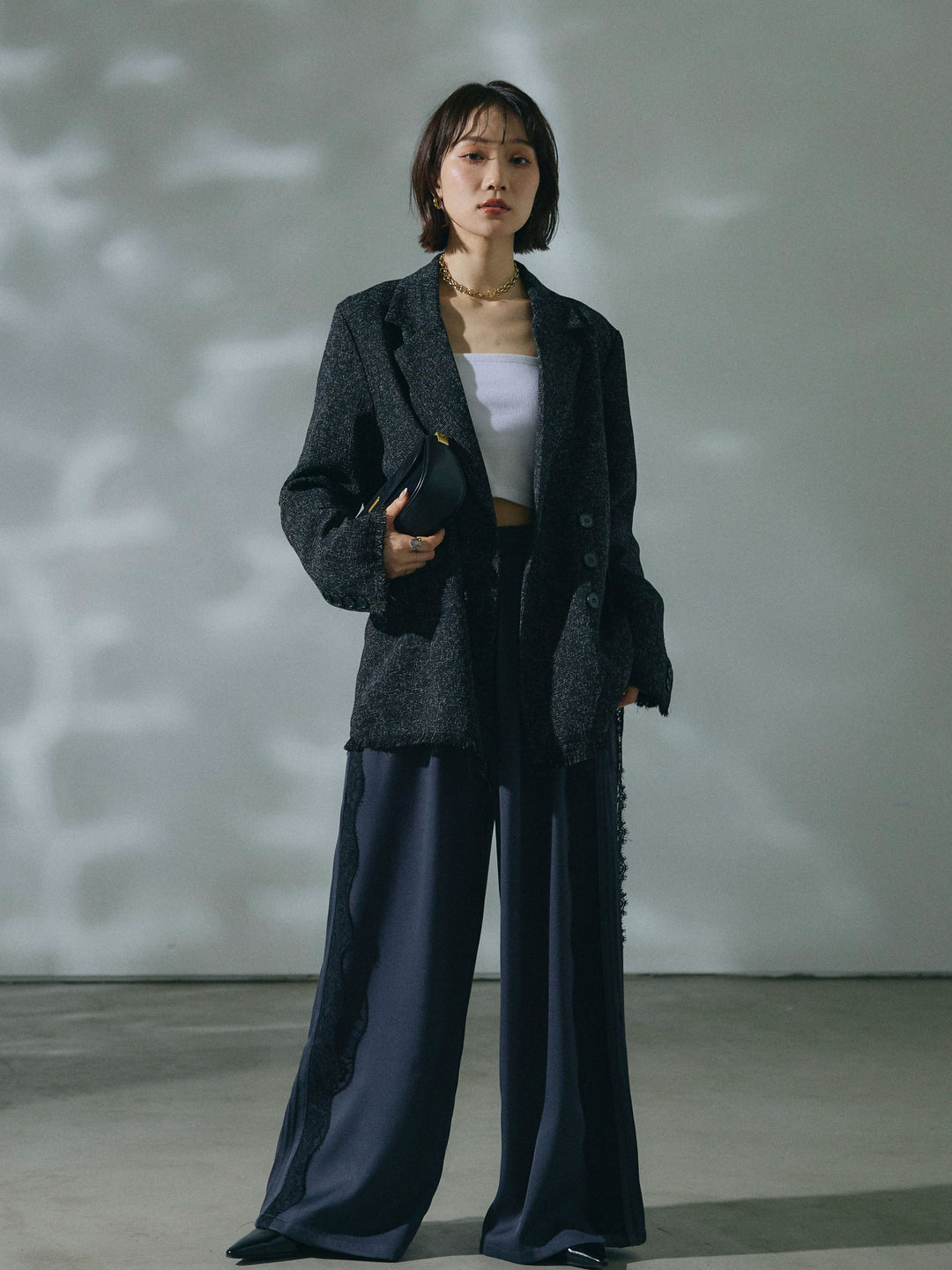 【Allure】[SET]スラブツイードフリンジテーラージャケット+サイドピンタックレースイージーワイドパンツ(2set)