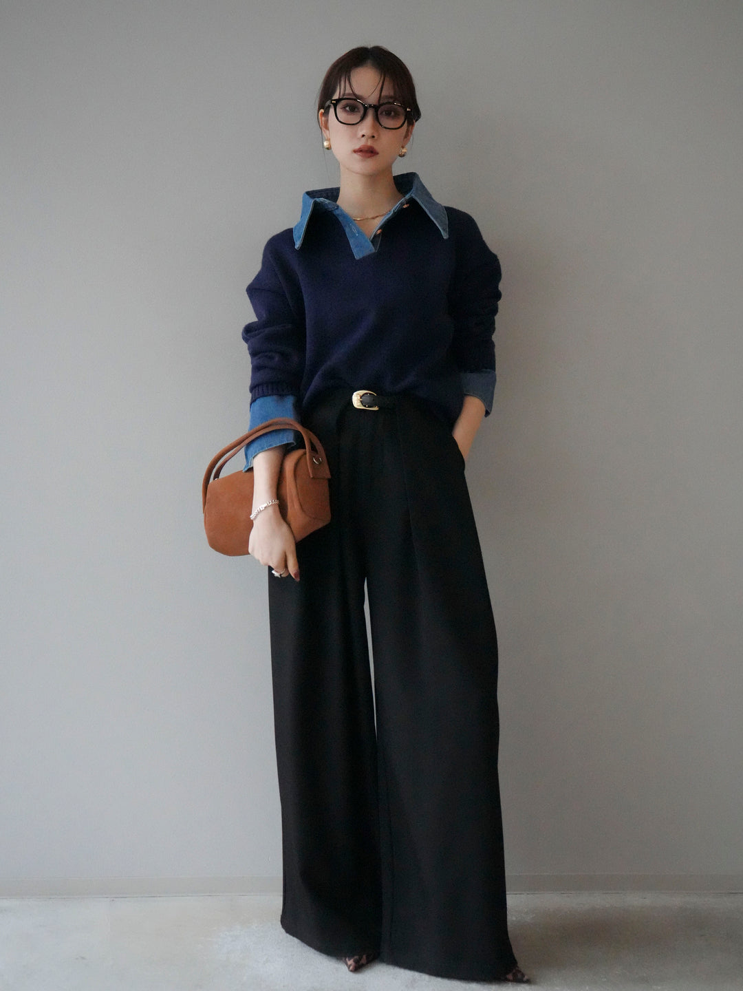 [SET]デニム襟ポロニットプルオーバー+ベルトループデザインワイドパンツ(2set)