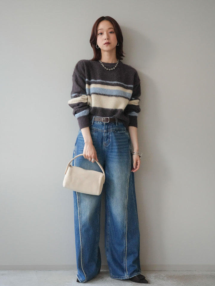 [SET]ソフトタッチボーダークロップドニットプルオーバー+サイドフリンジワイドデニムパンツ(2set)