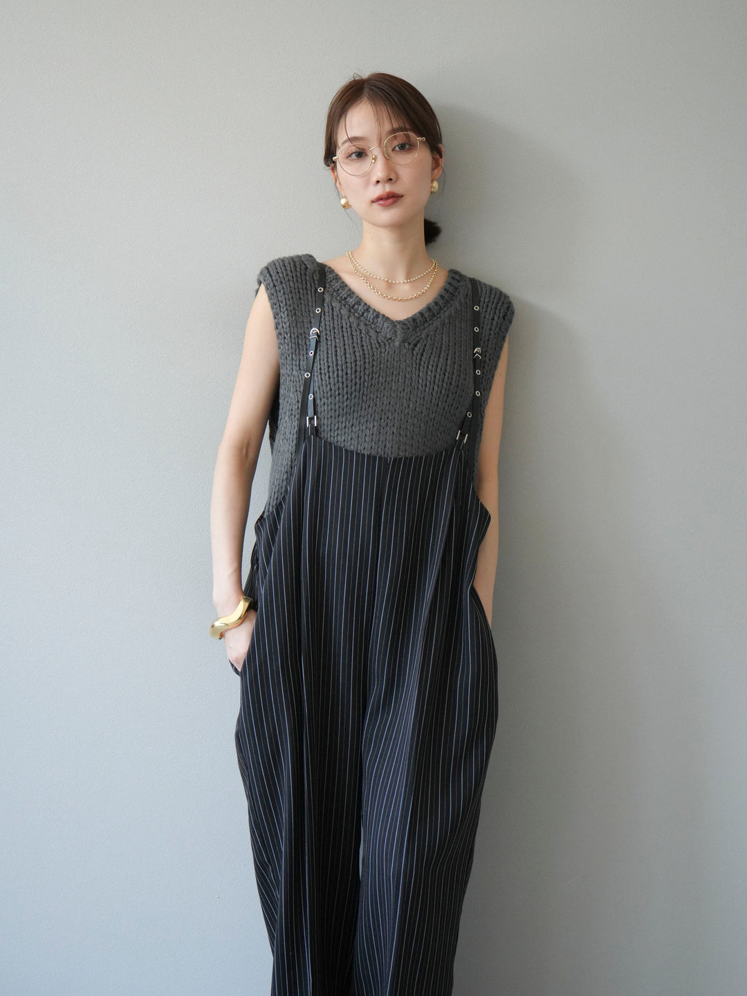 [予約]ヘリンボーンストライプサロペット/ブラック