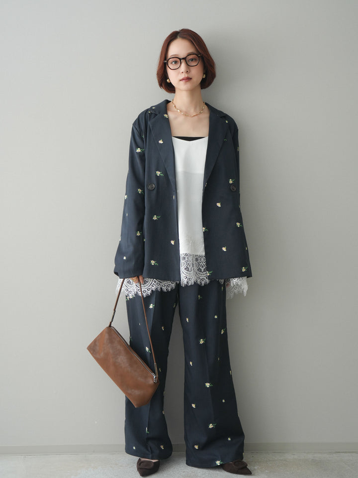[予約]フラワー刺繍タックパンツ/navy