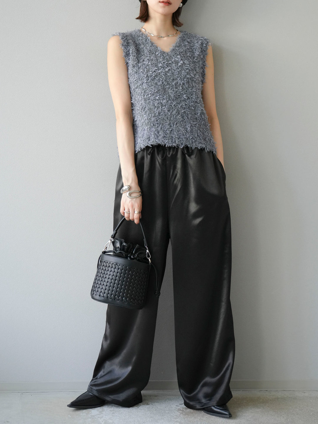 [予約]サテンラインワイドパンツ/ブラック