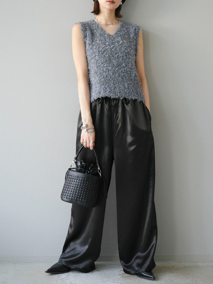 [予約]サテンラインワイドパンツ/ブラック